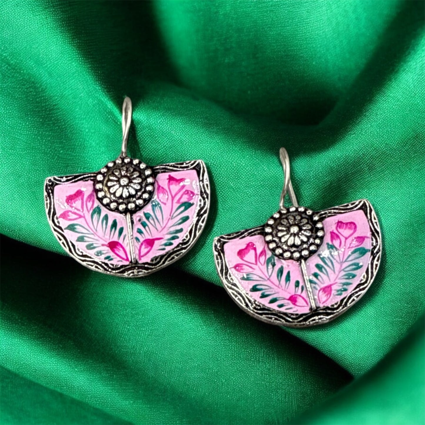 Delicate Pink Flower Dangle Earrings - Unique Half-Round Design