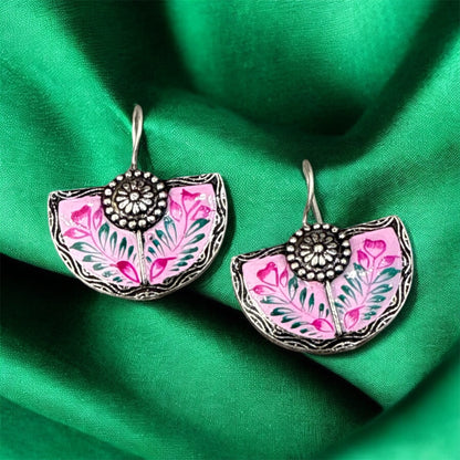 Delicate Pink Flower Dangle Earrings - Unique Half-Round Design