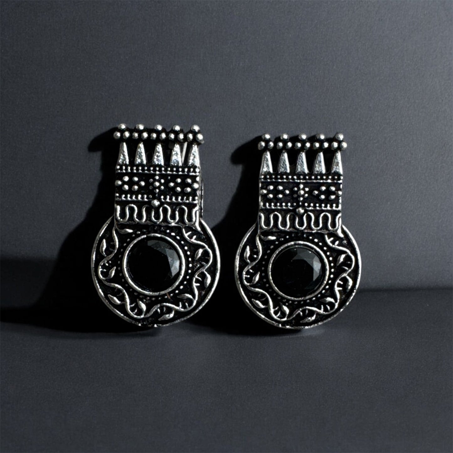 Elegant Oxidized Silver Stud Earrings with Green/Black/Pink Peridot - Timeless Vintage Design