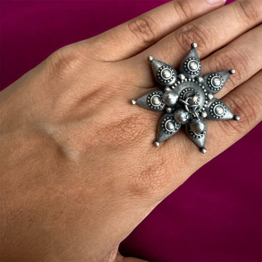 Oxidised Flower Ring with Beaded Center