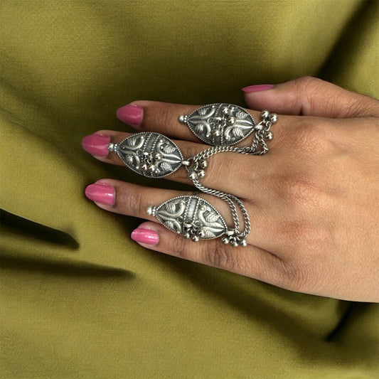 Trending 2025 Oxidized Leaf Trio Finger Ring – Navratri Special Nature-Inspired Jewelry