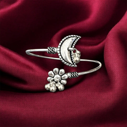 Bohemian Moon & Flower Handcuff Bracelet - Oxidised Silver Beaded Charm Cuff