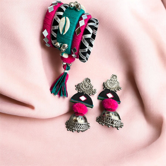 Boho Chic Bangles & Earrings Set – Handmade with Shell & Pompom Details