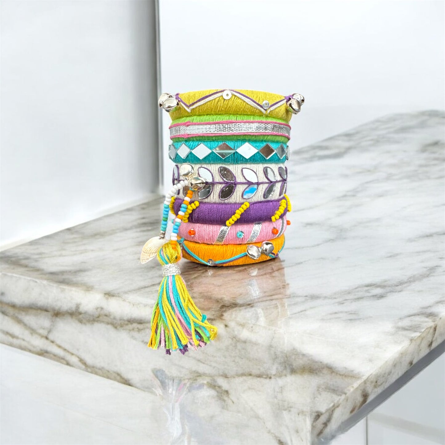 Handmade Boho Kundan Bangles – Multicolor Shell & Gemstone Bracelet Stack
