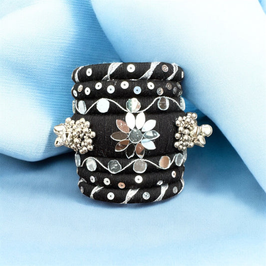 Handmade Boho Black Bangles – Silver Beads & Mirror Work Bracelet Set