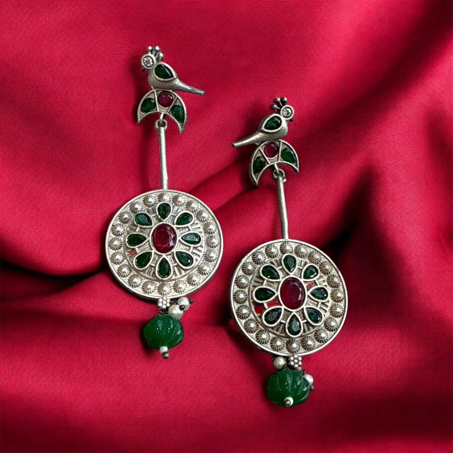 Silver Peacock Dome Earrings – Round Studs with Multi-Colored Gemstones