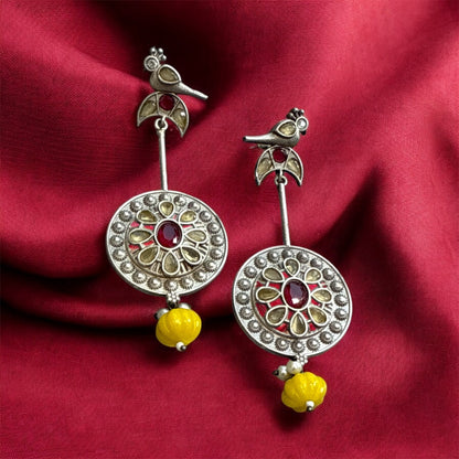 Silver Peacock Dome Earrings – Round Studs with Multi-Colored Gemstones