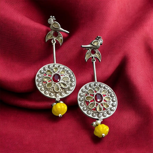 Silver Peacock Dome Earrings – Round Studs with Multi-Colored Gemstones