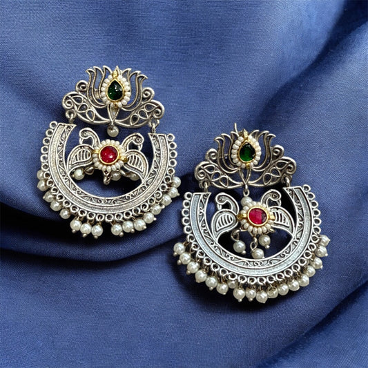 Royal Kundan Peacock & Lotus Earrings – Oxidised Silver with Pearls & Beads