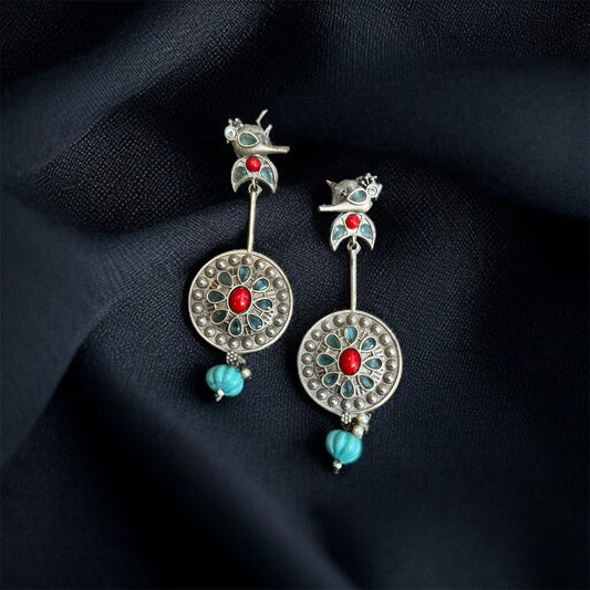 Silver Peacock Dome Earrings – Round Studs with Multi-Colored Gemstones
