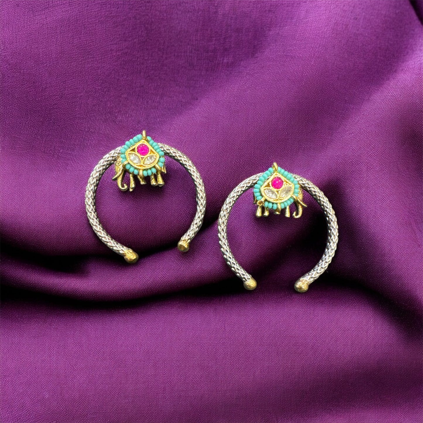 Unique Dual-Tone Half Moon & Elephant Kundan Stud Earrings – Navratri Special Statement Jewelry