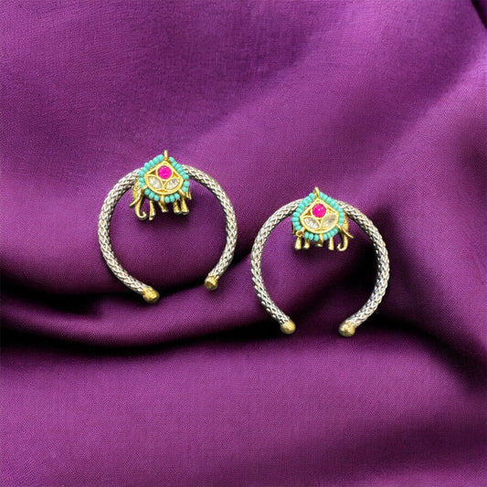 Unique Dual-Tone Half Moon & Elephant Kundan Stud Earrings – Navratri Special Statement Jewelry