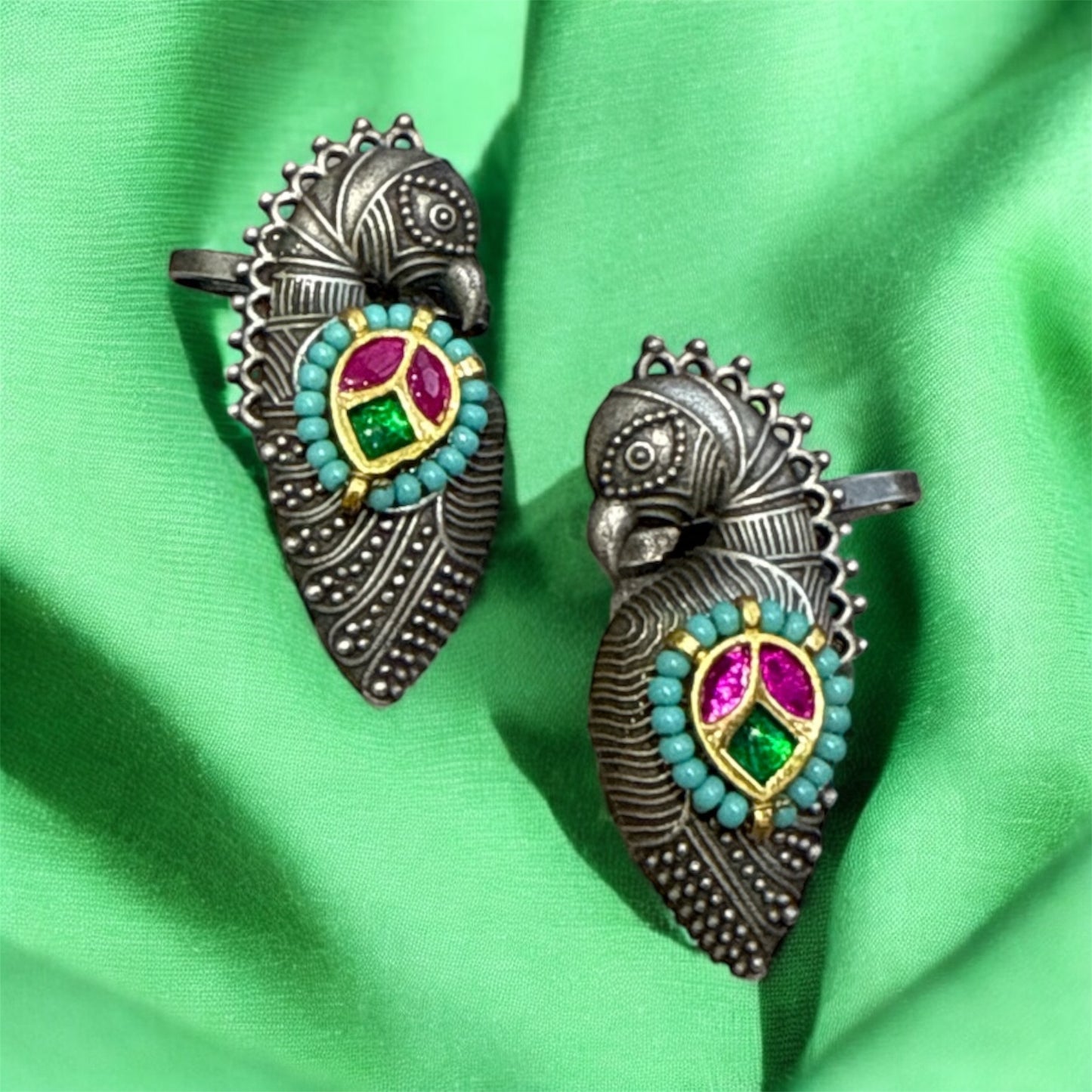 Trending 2025 Oxidized Brass Peacock Kundan Ear Cuff – Navratri Special