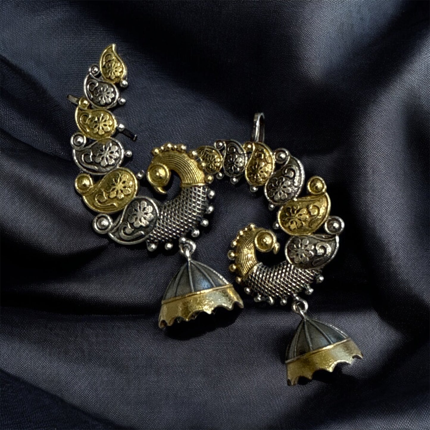 Oxidized Peacock Dual-Tone Ear Cuff with Jhumka – Navratri Special Statement Jewelry