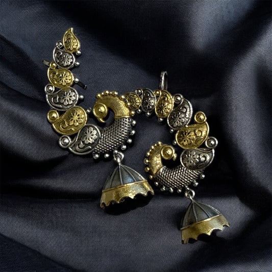 Oxidized Peacock Dual-Tone Ear Cuff with Jhumka – Navratri Special Statement Jewelry