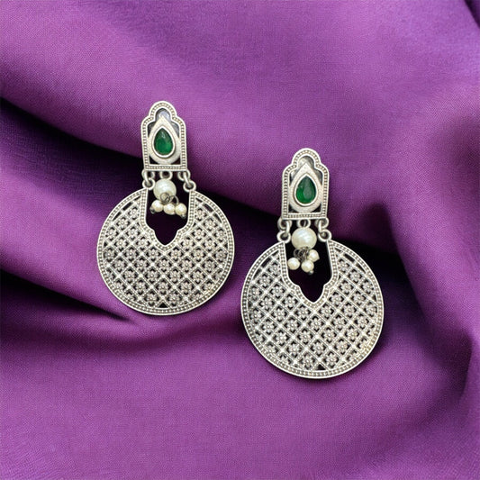 Oxidized Round Flower Jhumka Earrings with Center Stone – Navratri Special Ethnic Jewelry