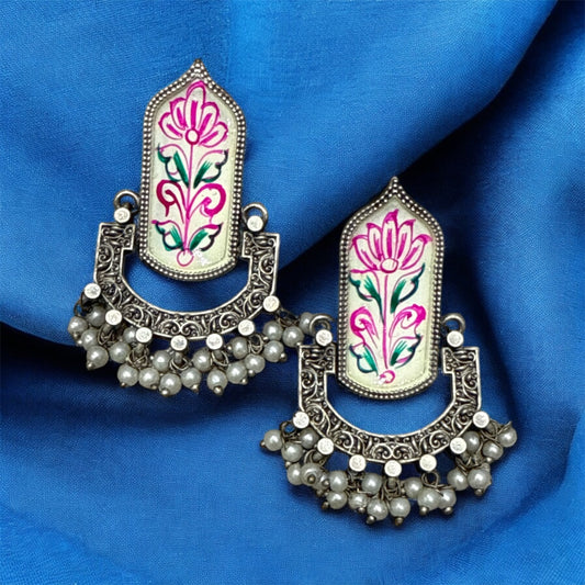 Hand-Flower Printed Oxidized Chandbali Earrings – Navratri Special Jewelry