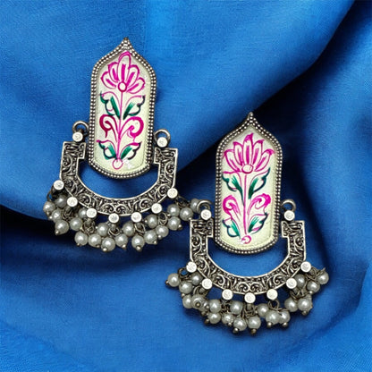 Hand-Flower Printed Oxidized Chandbali Earrings – Navratri Special Jewelry