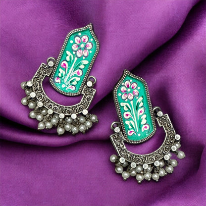 Hand-Flower Printed Oxidized Chandbali Earrings – Navratri Special Jewelry