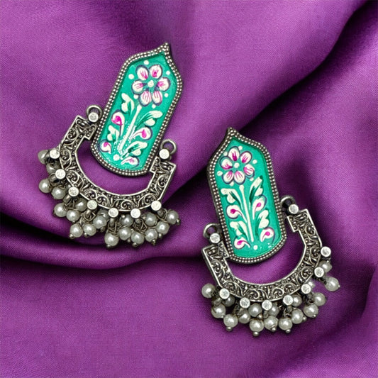 Hand-Flower Printed Oxidized Chandbali Earrings – Navratri Special Jewelry