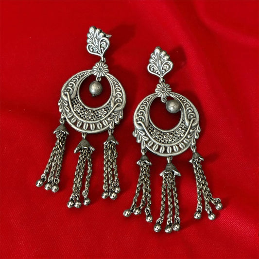 Trending 2025 Oxidized Chandbali Earrings with Chain & Floral Bead Design – Navratri Special Bohemian Jewelry