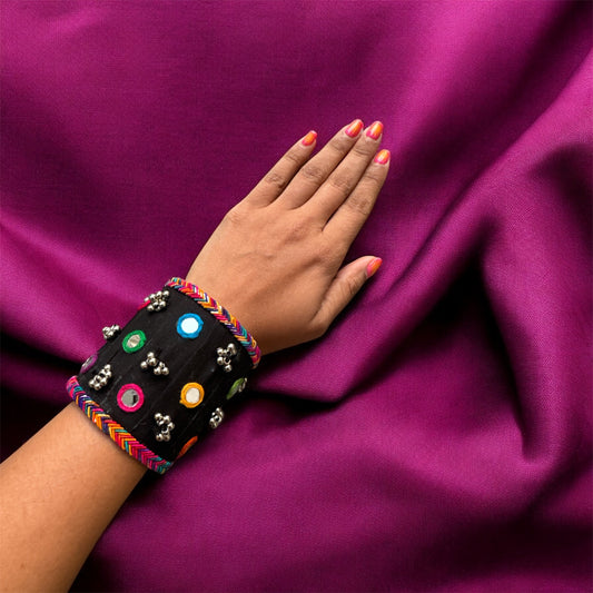 Handmade Black & Multicolor Mirror Handcuff – Boho Chic Arm Candy | Trending Navratri & Festival Jewelry