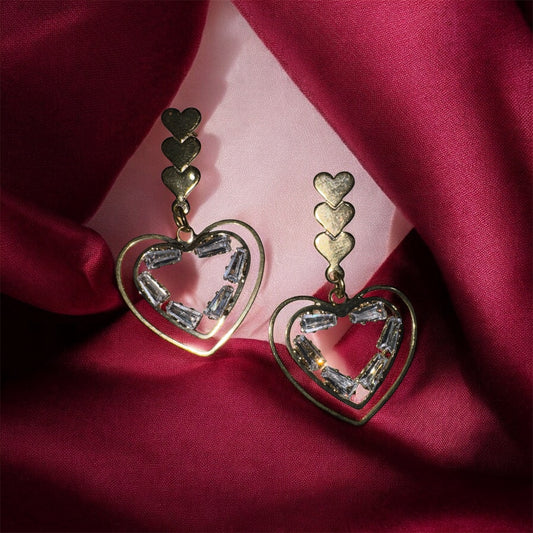 Romantic Gold-Tone Heart Shaped Dangle Earrings