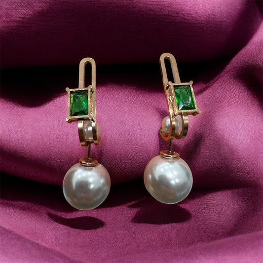Luxury Gold-Tone Fitted Dangle Earrings - Green Stone & White Pearl Drops for Women