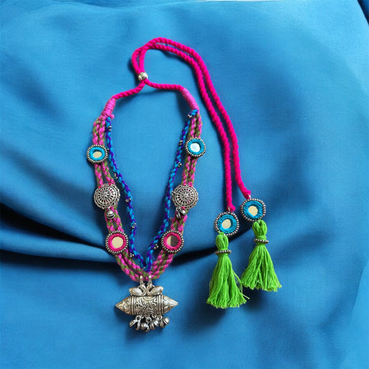 Artisan Boho Long Necklace | Oxidised Silver with Colorful Thread & Patchwork | Navratri 2025 Festival Jewelry
