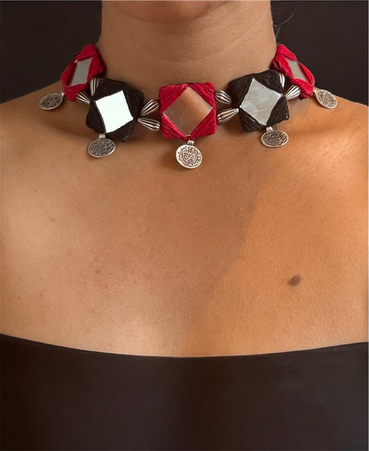 Boho Mirror Work Necklace & Earrings Set | Handcrafted Navratri 2025 Jewelry | Oxidised Silver Statement Set
