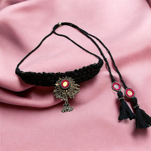 Boho Black Thread Work Necklace | Oxidised Silver & Patch Embellished | Navratri 2025 Statement Piece