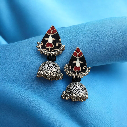 Navratri 2025 Ajrakh Earrings | Handblock Print Oxidised Jhumkas