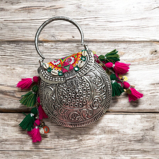 Lunar Engraved Metal Clutch – Handcrafted Round Silver Evening Boho Bag