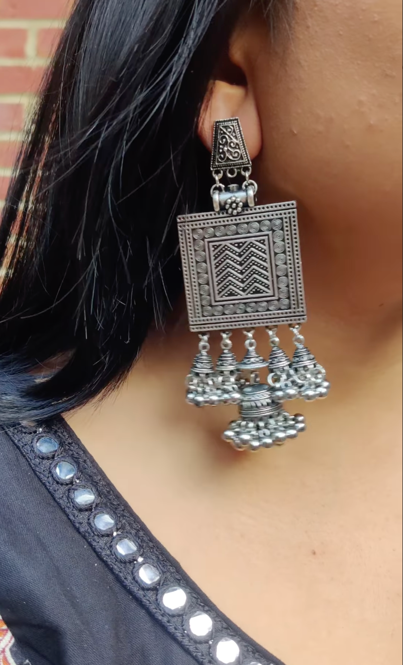 Square Pendant Earrings with Multiple Jhumka Earrings