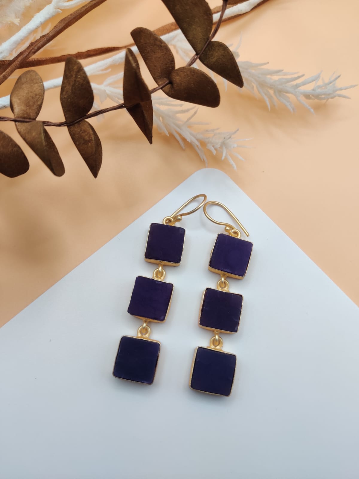 Purple Long Western Earrings with Three Stones