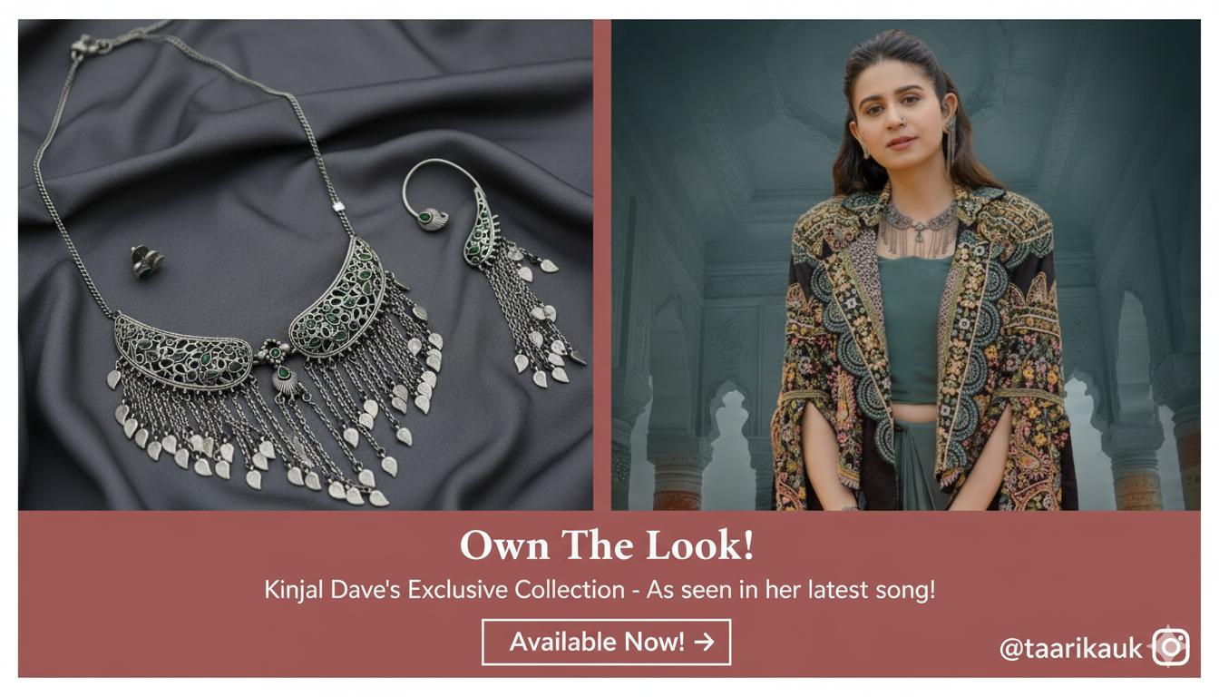 Kinjal Dave-Inspired Green Brass German silver Navratri Necklace Set with Stud Earring and Ear Cuff