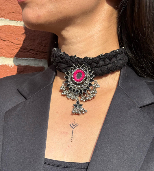 Boho Black Thread Work Necklace | Oxidised Silver & Patch Embellished | Navratri 2025 Statement Piece